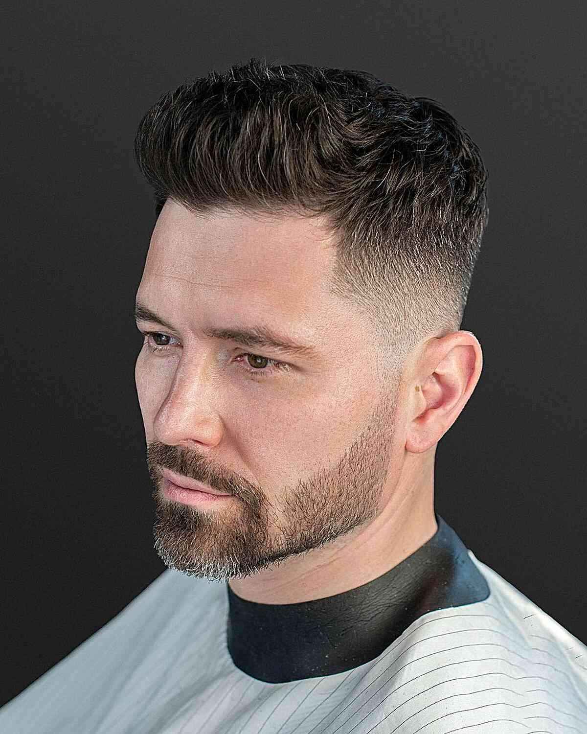 A modern quiff haircut for men featuring a faded side and textured top.