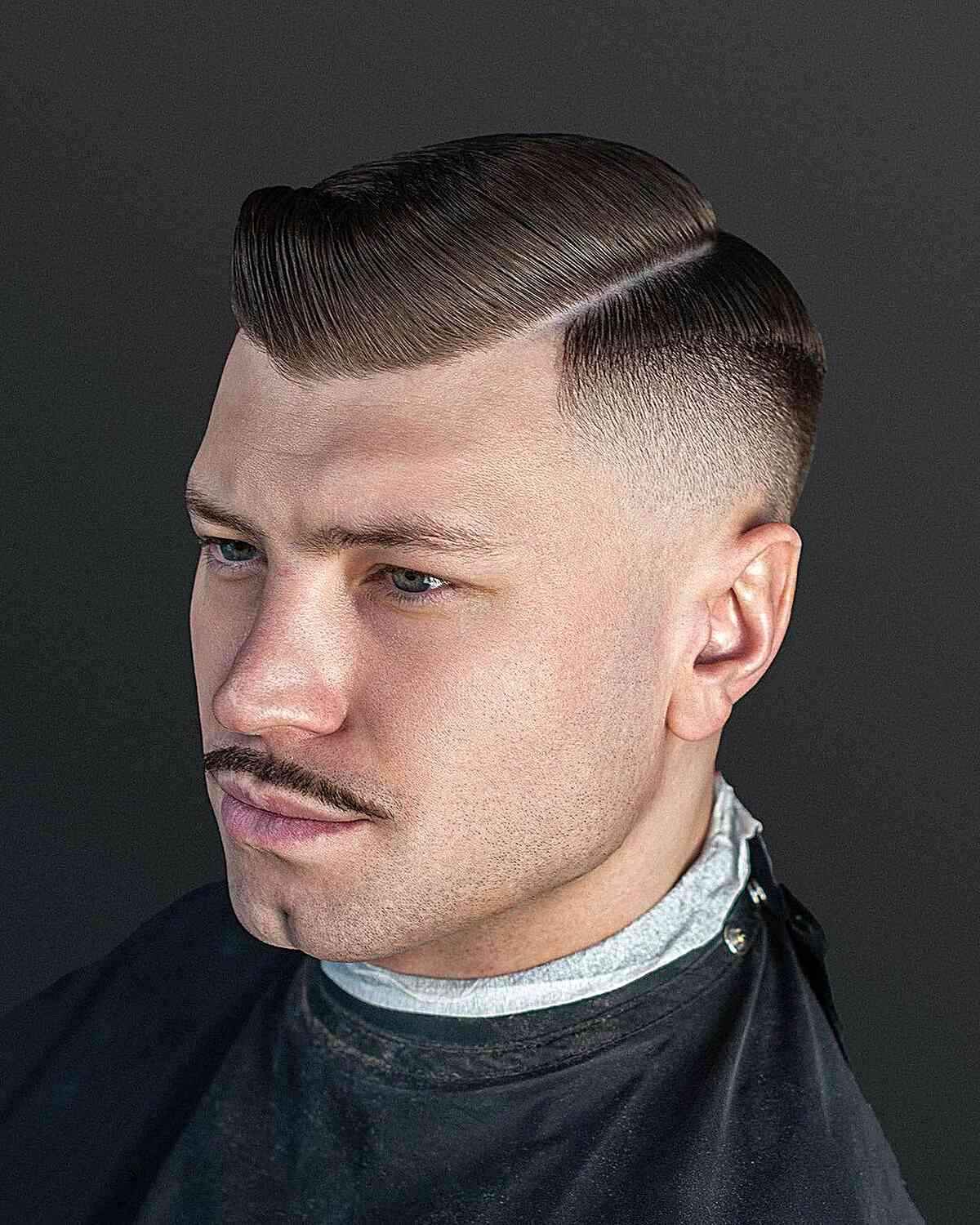 A dramatic high fade haircut paired with a voluminous quiff.