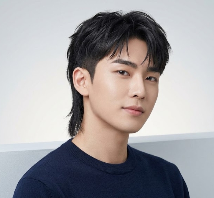 Two block mullet haircut with short sides and longer flowing back layers