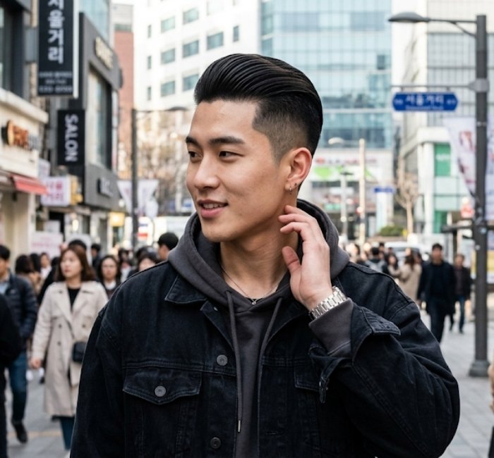 Two block slick back haircut with top combed straight back