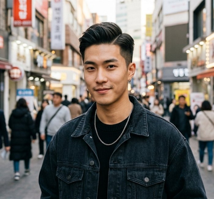 Two block side part haircut with defined part and faded sides