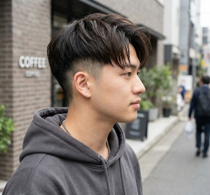 Mid fade two block haircut with fade halfway up and layered top