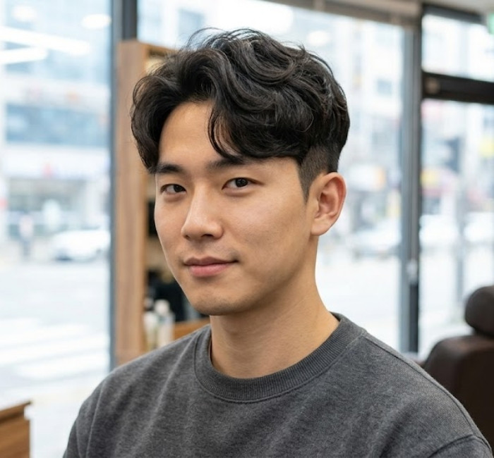 Wavy two block haircut with natural waves on top and tidy sides