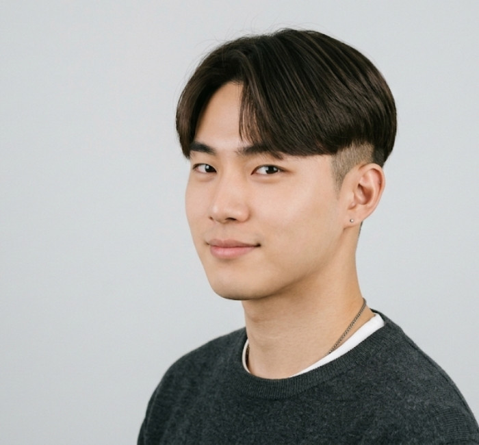 Two block haircut with sleek straight top and tapered sides