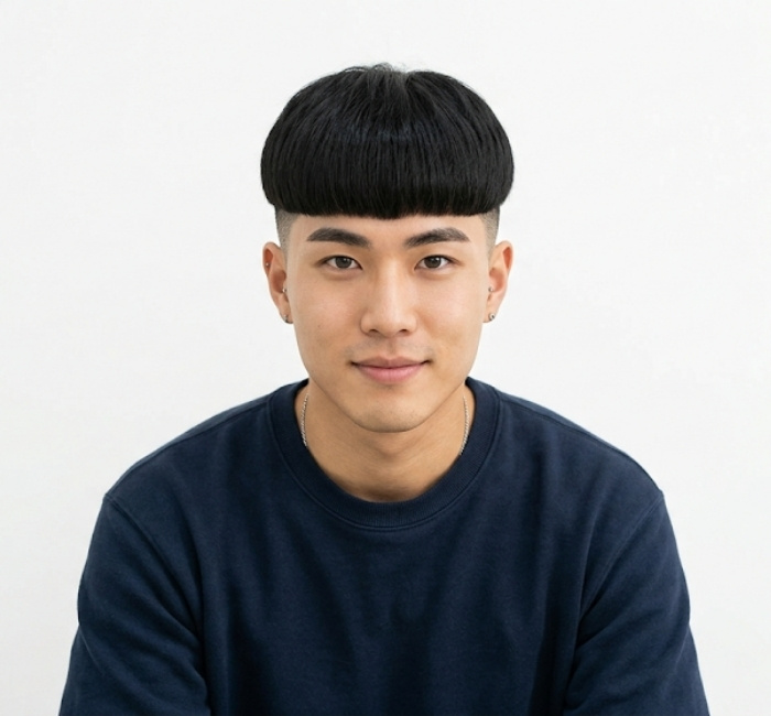 Two block bowl cut haircut with rounded fringe and trimmed sides
