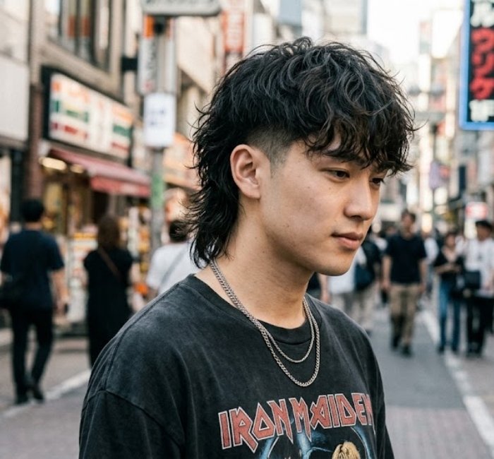 Two block wolf cut haircut with shaggy layered top and mullet back