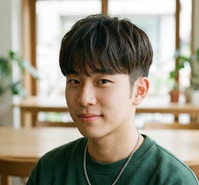 Two block haircut with soft bangs framing the forehead
