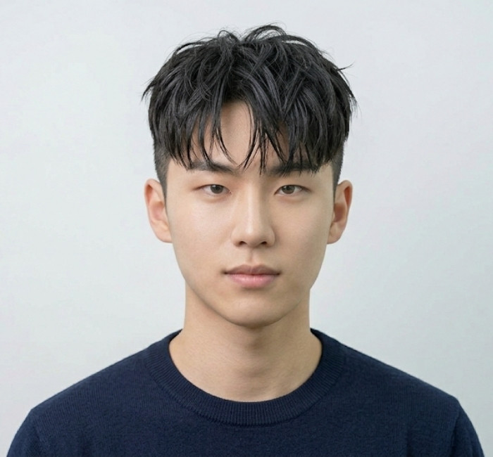 Two block haircut with messy textured fringe falling forward over the eyes