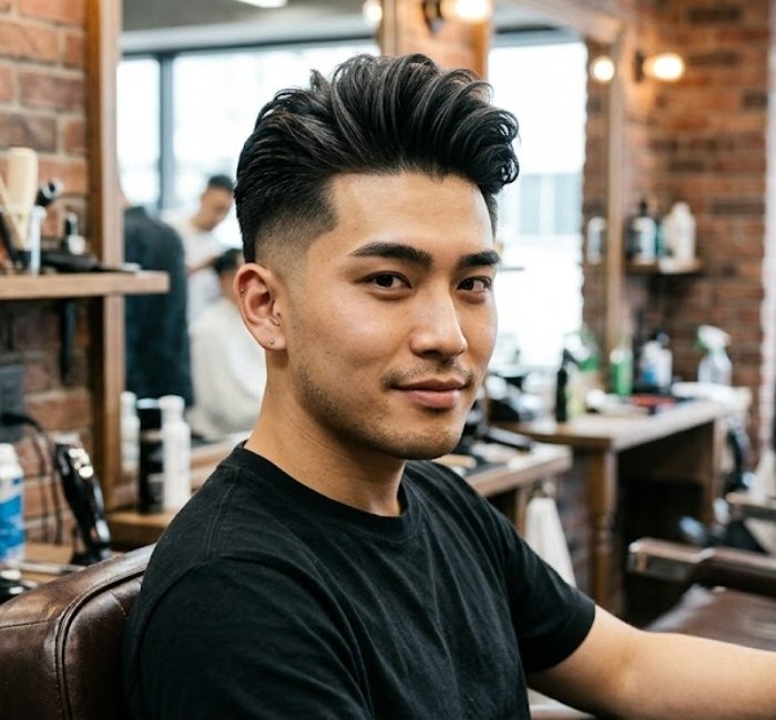 Two block pompadour haircut with swept-back volume and short sides