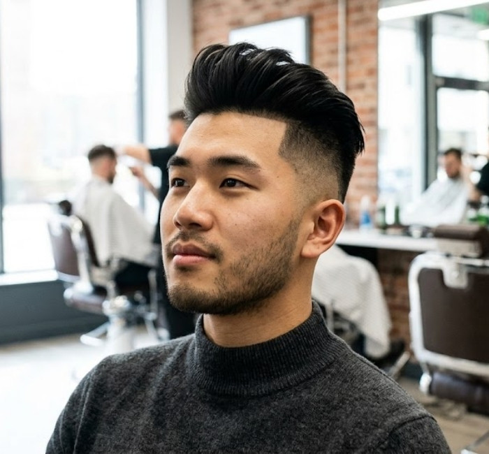 Two block quiff haircut with front section pushed up and back