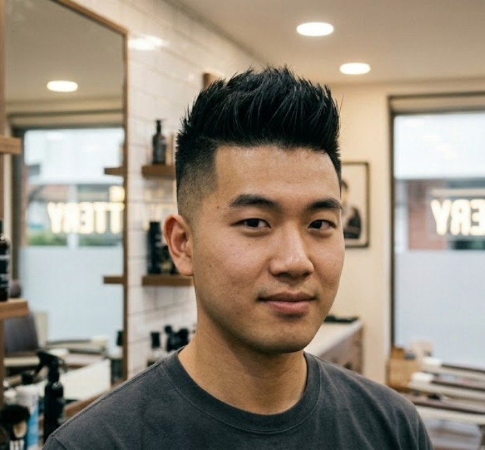 Two block faux hawk haircut with center strip and tapered sides