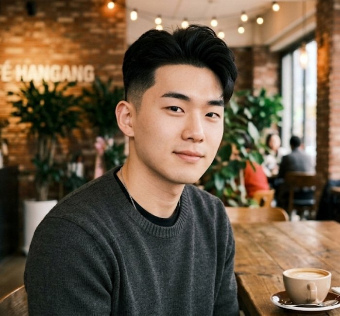 Korean two block haircut with soft tapered sides and flowing layered top