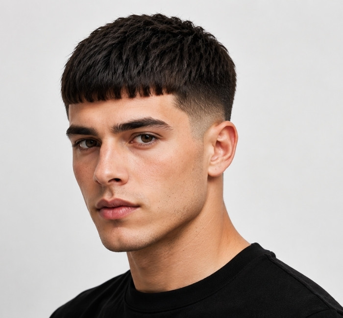 Classic french crop haircut with blunt fringe and taper fade on short hair