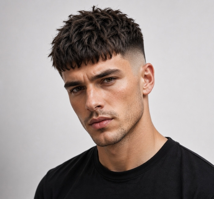 Textured french crop haircut with choppy fringe and mid fade for thin hair
