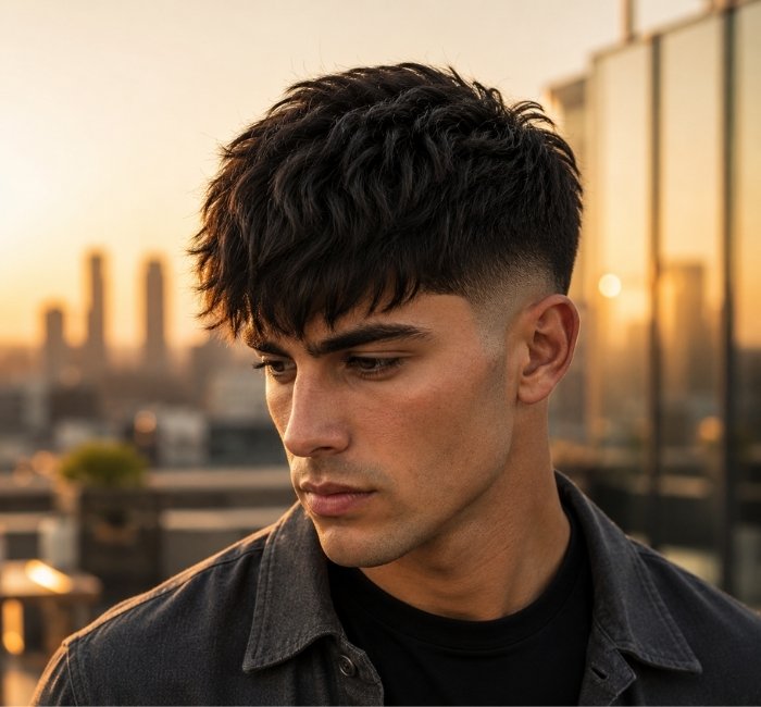 Long french crop haircut with eyebrow length fringe and soft low taper fade