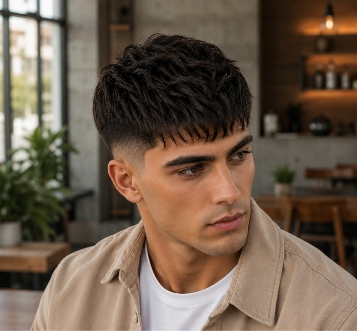 Layered french crop haircut with choppy fringe and soft taper for wavy hair