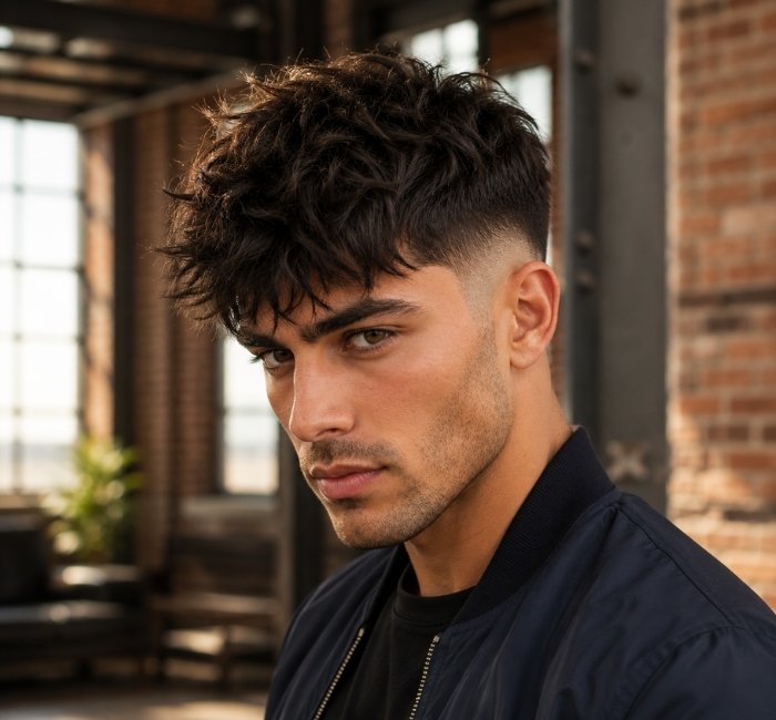 Messy french crop haircut with mid fade and choppy textured fringe styled forward