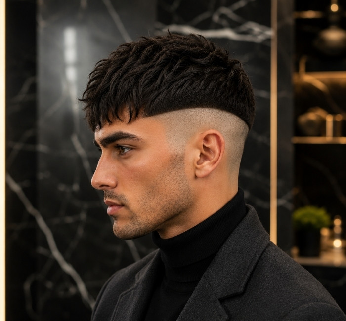 Disconnected french crop haircut with sharp weight line and shaved sides
