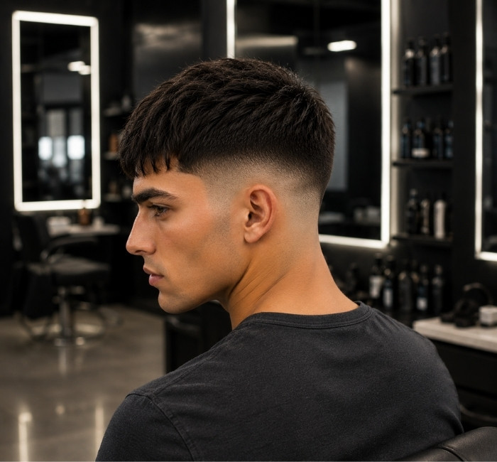 French crop top fade haircut with short compact fringe and high taper sides