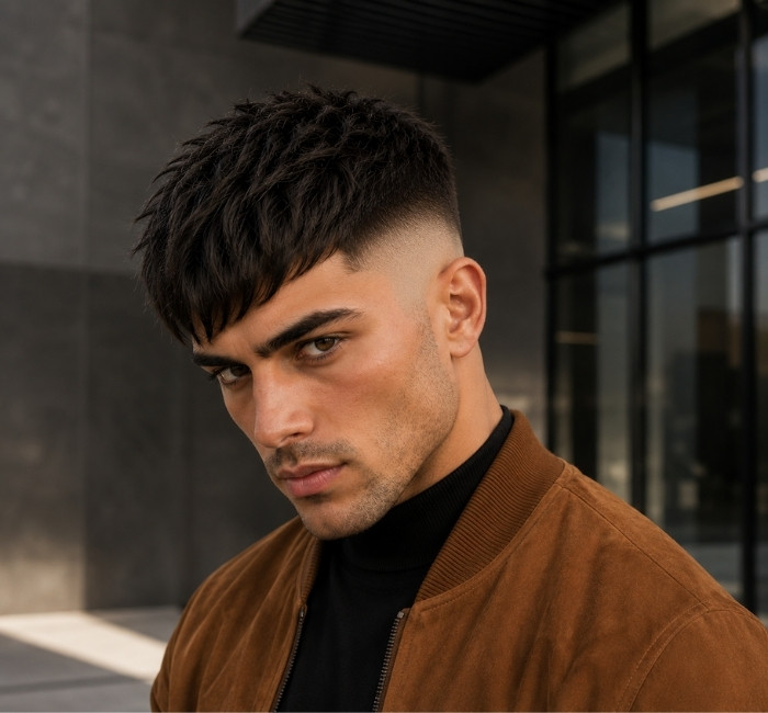 French crop with angular fringe and high skin fade showing diagonal slanted fringe