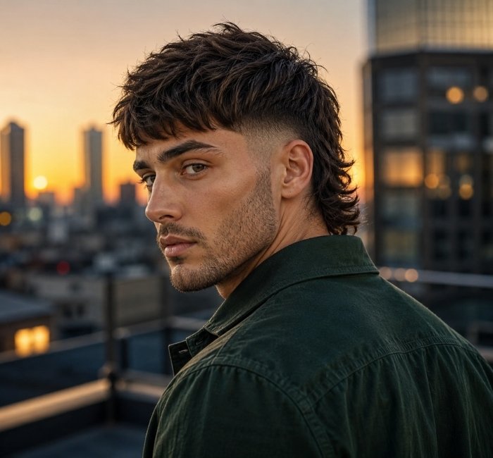 French crop mullet haircut with textured fringe burst fade and layered nape length