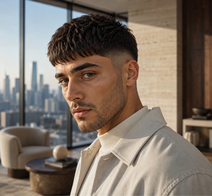 Contemporary french crop haircut with feathered fringe and blended mid taper fade