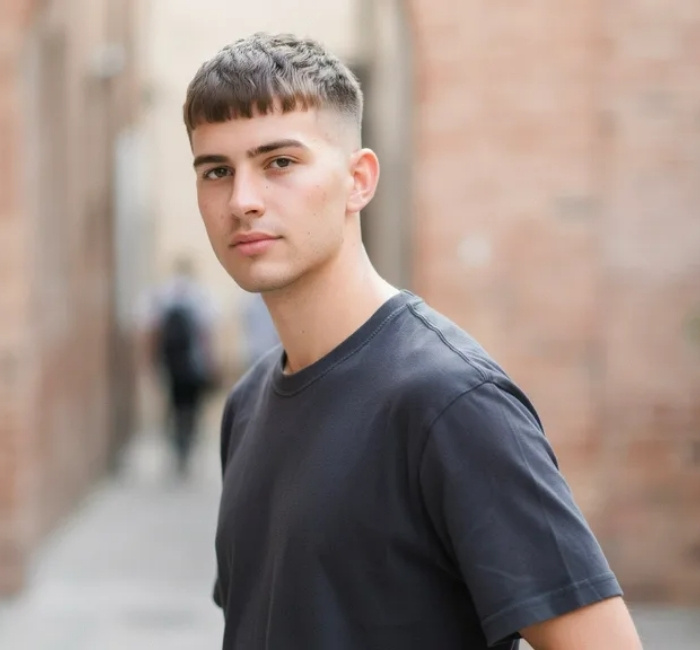 Caesar french crop haircut with flat horizontal fringe and low skin fade sides