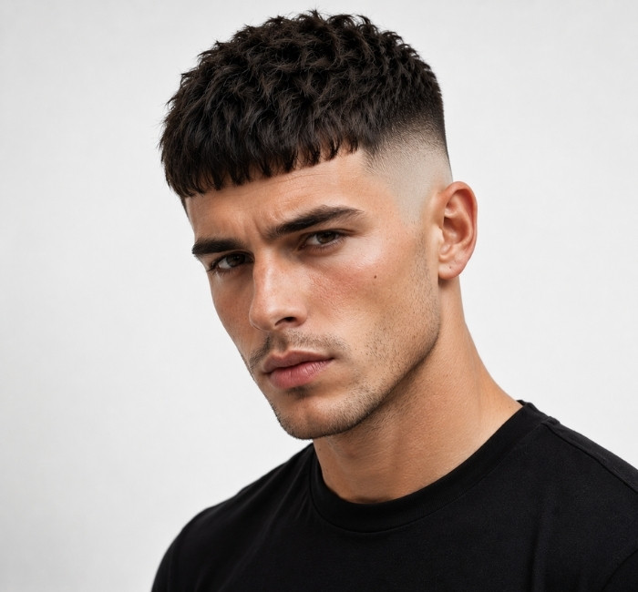 French crop skin fade haircut with dense straight fringe and shaved sides