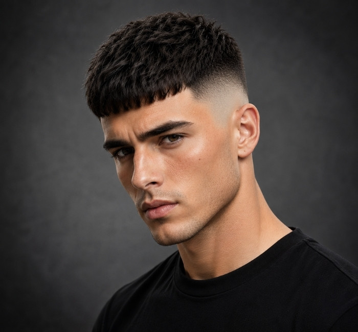 French crop high fade haircut with heavy fringe and skin tight tapered sides