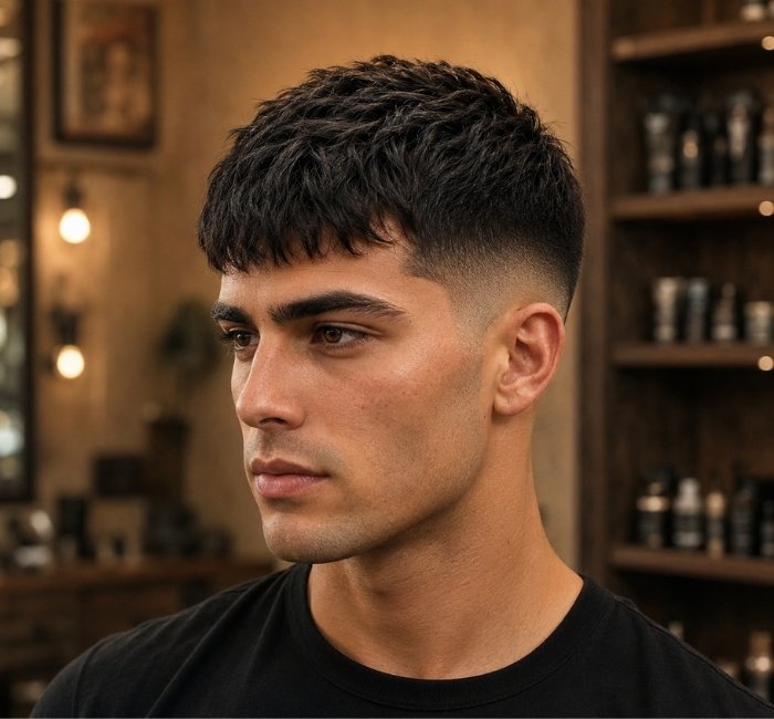 Modern low fade french crop haircut with soft taper and natural forward fringe