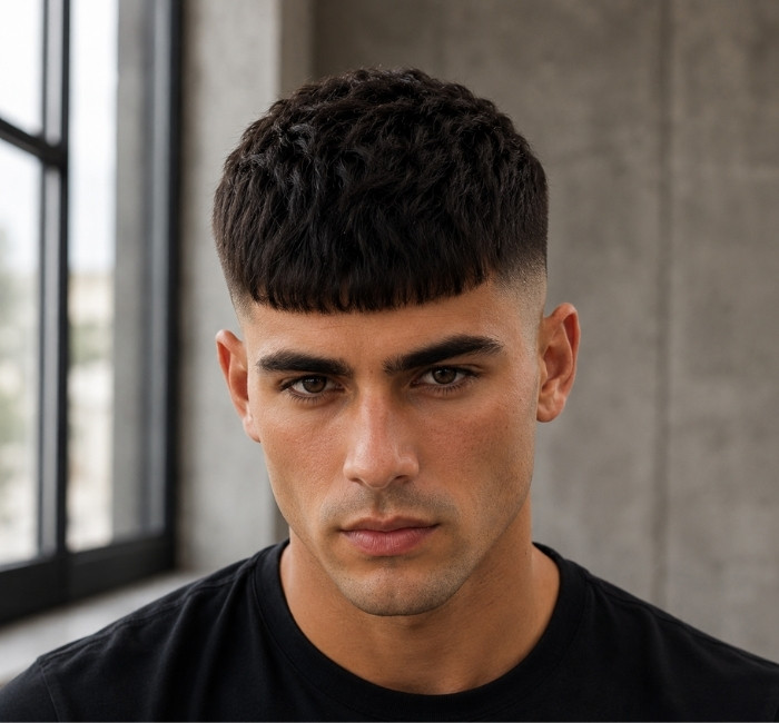 Fringe french crop fade with bold blunt fringe and high taper fade on dark hair