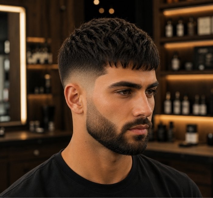 French crop haircut with beard featuring short fringe and tapered sideburns