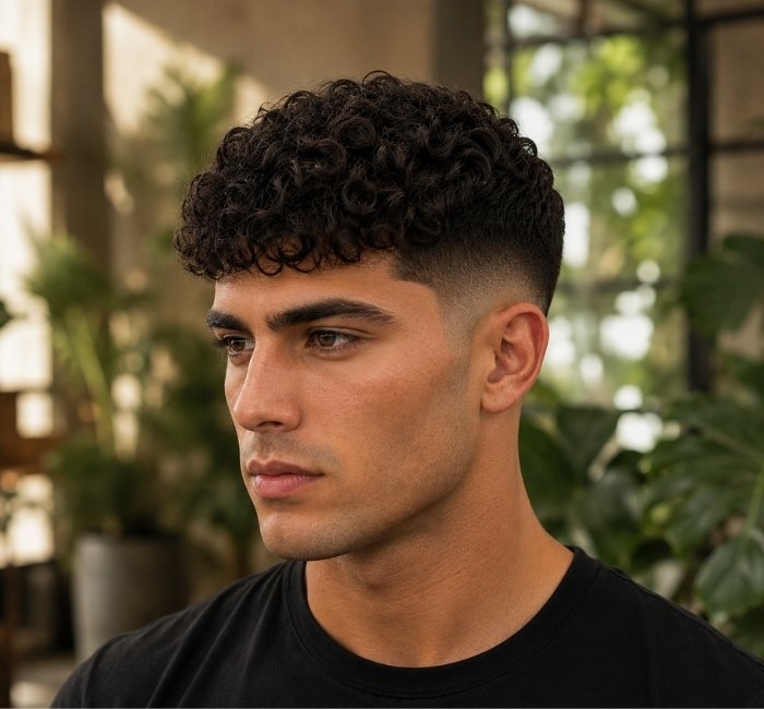 Curly french crop haircut with natural curls on top and drop fade on the sides