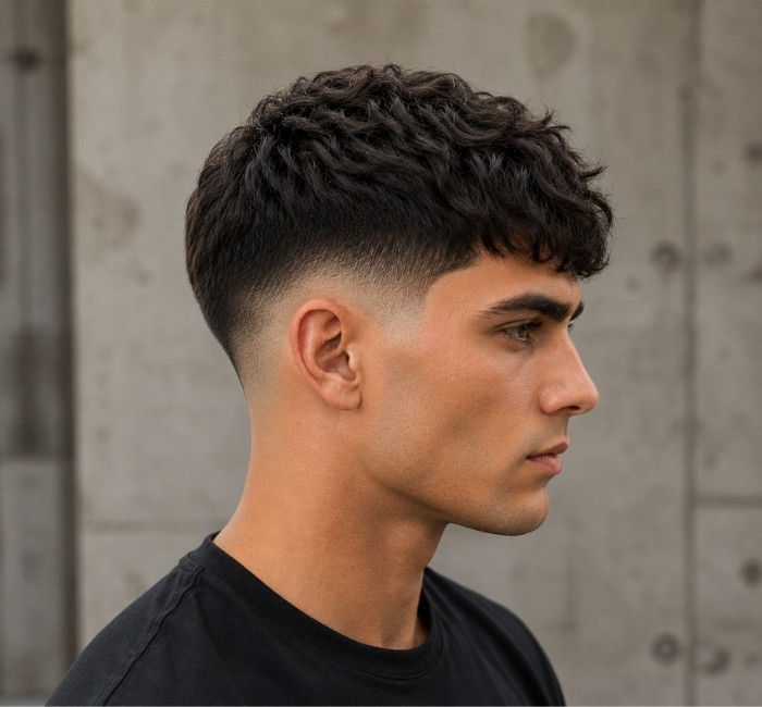 Wavy french crop with drop fade showing natural wave texture and clean taper