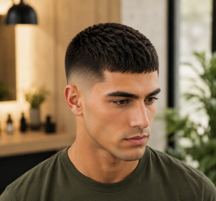 Short french crop haircut with high taper and minimal blunt fringe for men