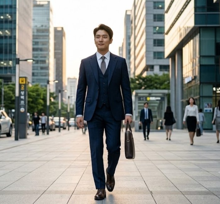 Korean Ivy League haircut featuring clean tapered sides, side parted longer top, and polished styling for men