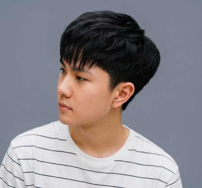 Korean layered haircut with soft flowing texture, multiple layer depths, and natural movement throughout crown