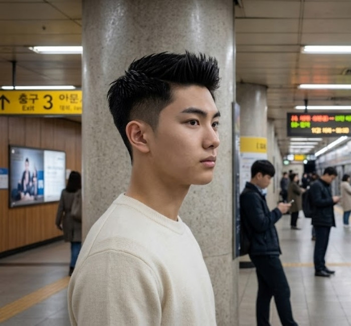 Korean drop fade haircut with curved fade, voluminous textured top, and clean modern styling for Asian hair