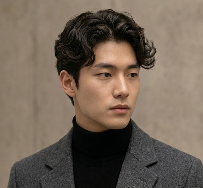 Korean tapered haircut with short faded sides, longer textured top, and polished everyday styling for men
