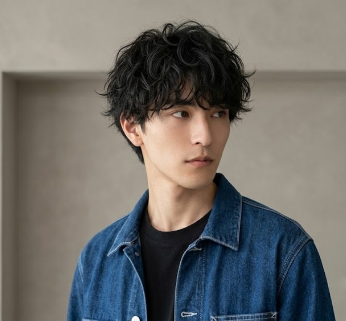 Korean shaggy cut with layered tousled texture, uneven layers, and soft relaxed flow for casual men
