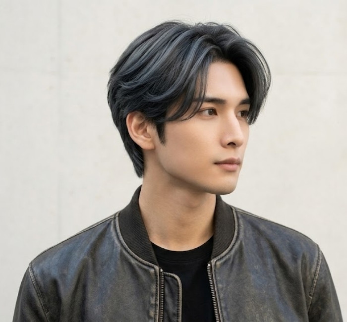 Korean long bangs hairstyle with face-framing layers, soft natural movement, and center-parted styling