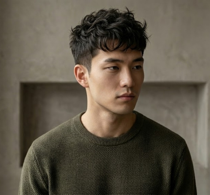 Korean cropped choppy haircut with short textured layers, clean sides, and sharp matte finish for men