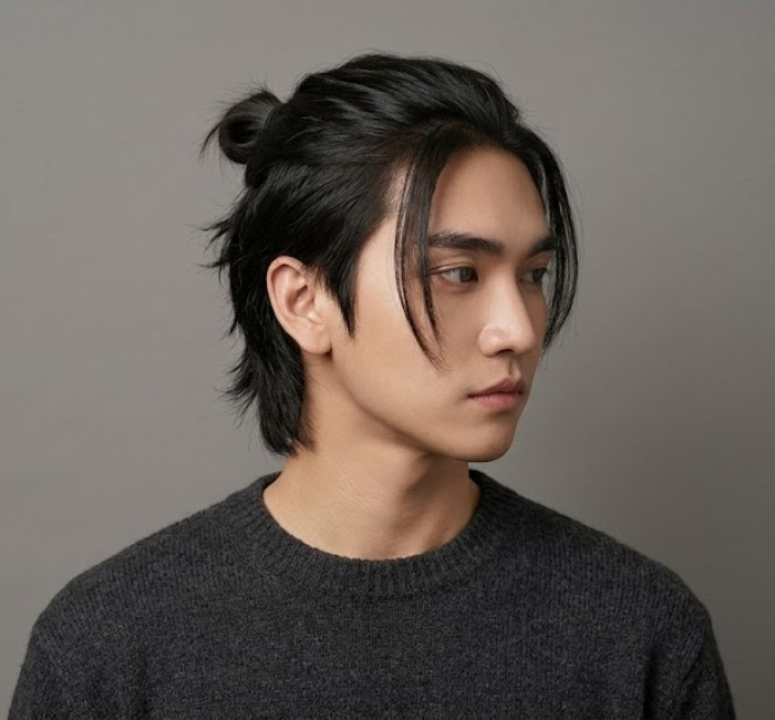 Korean bangs with ponytail hairstyle featuring soft fringe, sleek mid-length tied hair, and balanced structure
