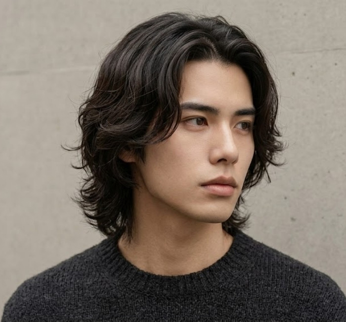 Korean long haircut with flowing layered strands, smooth natural movement, and polished length for men