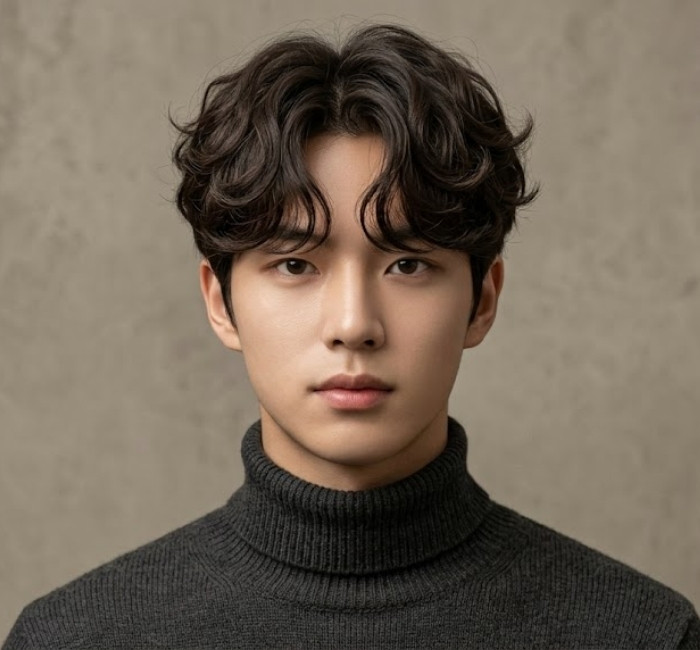 Korean see-through bangs with airy wispy layers, soft fringe texture, and light youthful appearance for men