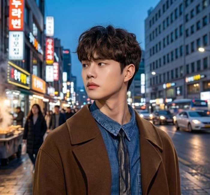 Korean textured fringe hairstyle with choppy front layers, soft movement, and face-framing detail for contemporary men