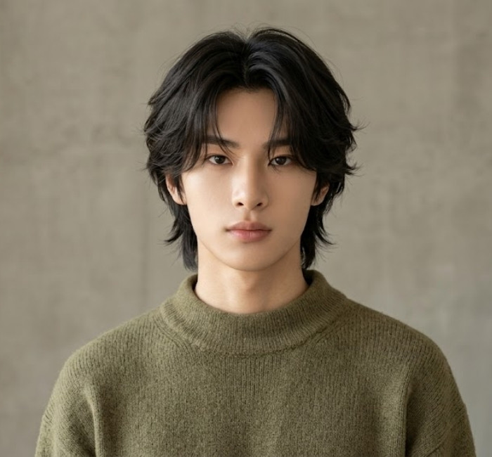 Korean flow cut with soft layered strands, natural movement, and relaxed appearance for contemporary men