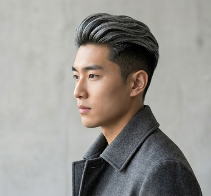 Korean undercut hairstyle with faded short sides and voluminous longer top for clean stylish contrast