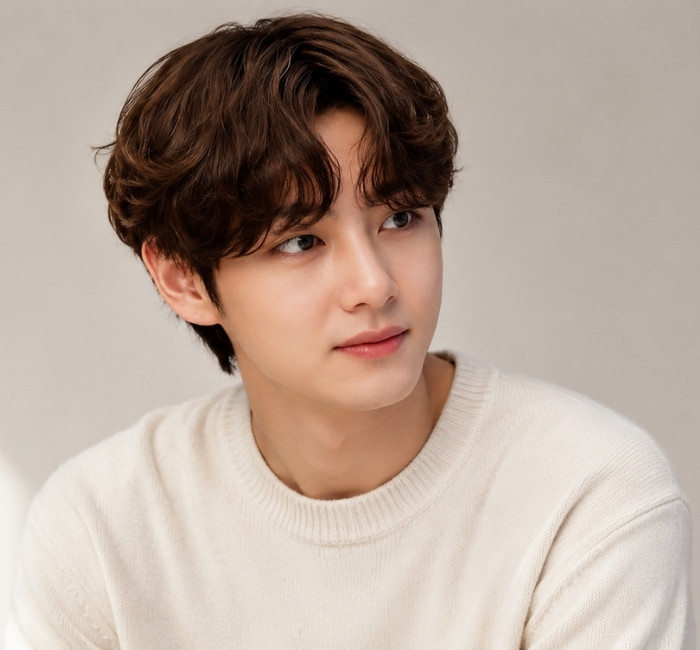 Korean leaf perm hairstyle with soft wavy layers, flexible texture, and natural leaf-pattern flow for men