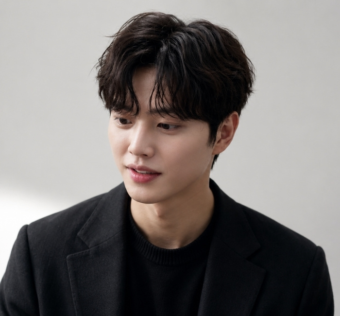 Korean wavy hairstyle with medium-length waves, smooth natural flow, and modern styling for men